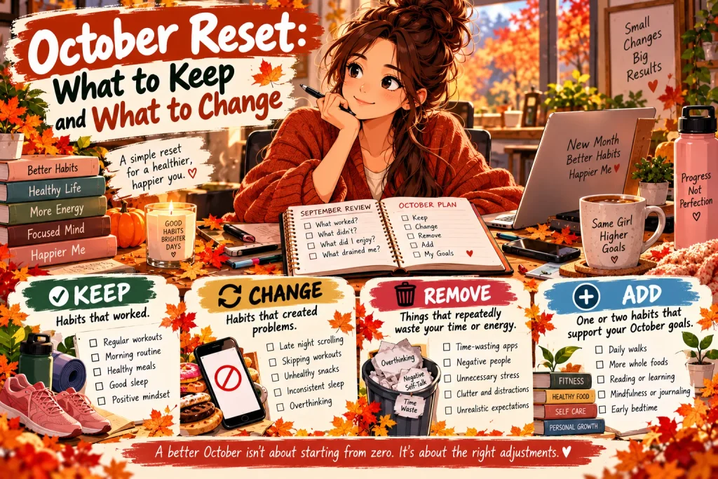 Anime-style American October reset planning scene showing keep, change, remove, and add wellness priorities.