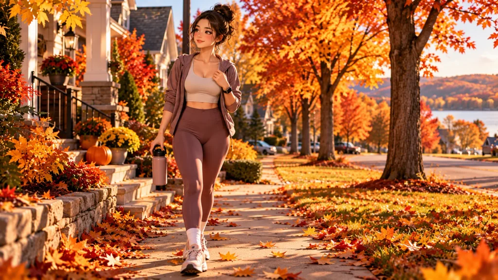 Woman doing daily movement during an American fall wellness routine outdoors