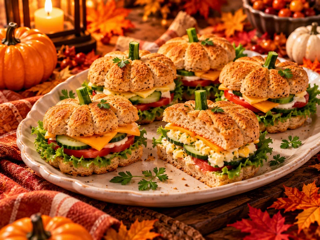 Pumpkin-shaped whole-grain mini sandwiches filled with cheese, tomato, cucumber, and other savory ingredients.