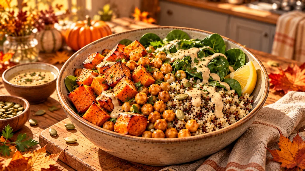 Roasted sweet potato and chickpea bowl with quinoa, spinach, and lemon-tahini dressing.