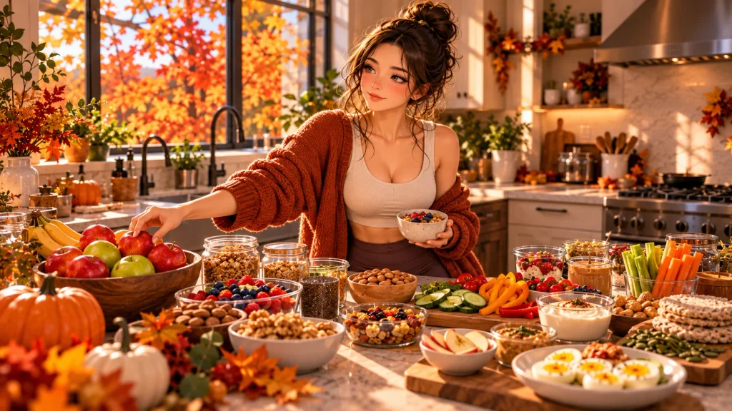 Nutritious fall snacks including fruit yogurt nuts and vegetables in a cozy kitchen