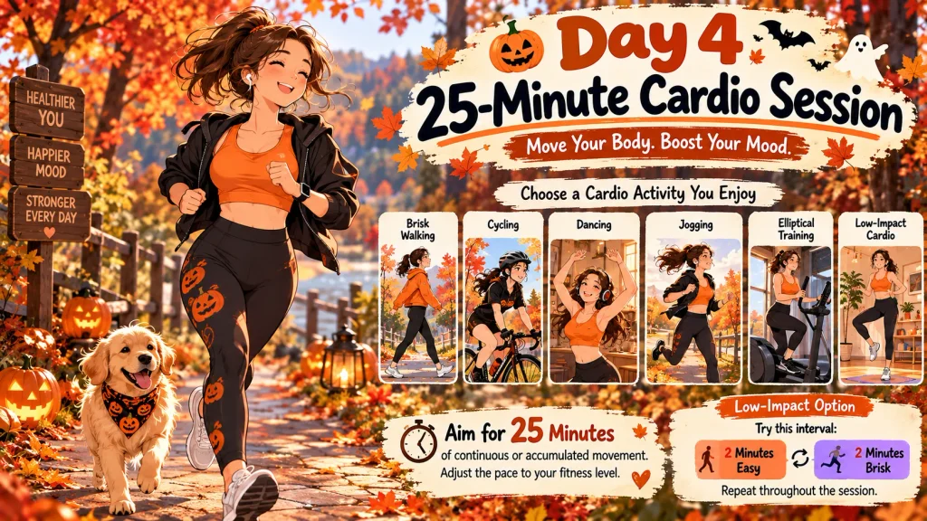 Anime-style person doing a moderate cardio workout in a cozy fall home fitness space.