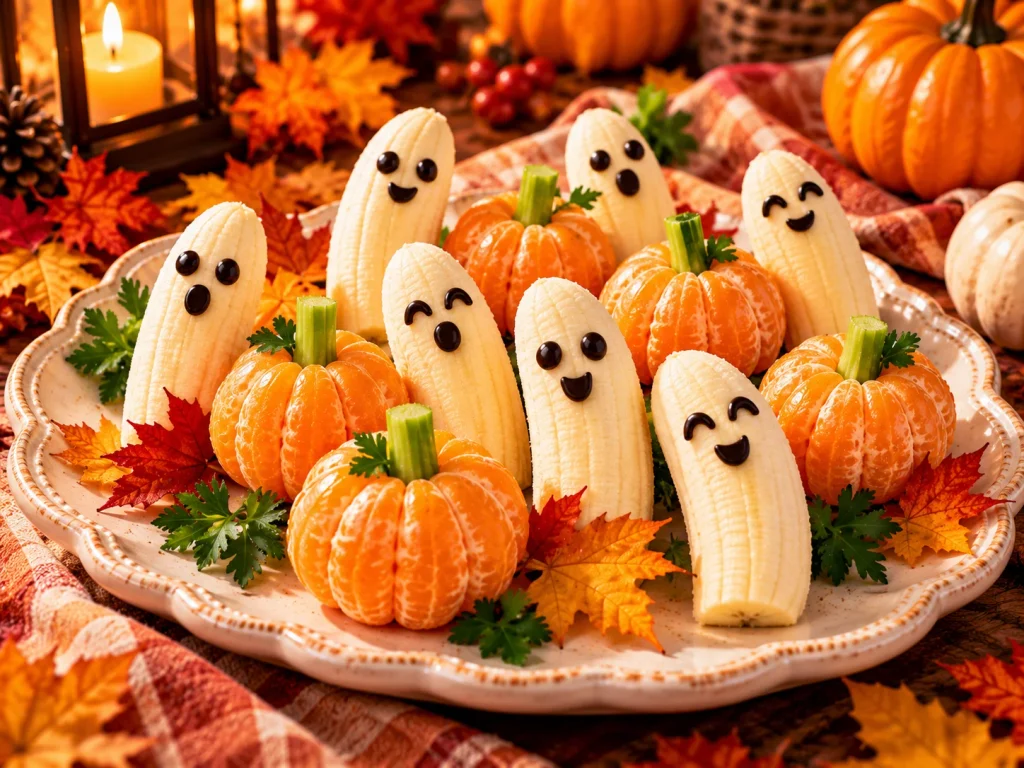 Halloween fruit platter with banana ghosts decorated with edible eyes and peeled clementine pumpkins with celery stems.