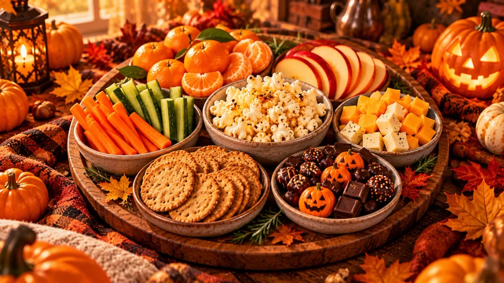 Balanced Halloween snack board with fruit, vegetables, cheese, popcorn, and a seasonal chocolate treat.