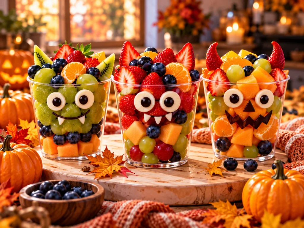 Halloween monster fruit cups filled with grapes, berries, melon, and orange segments.