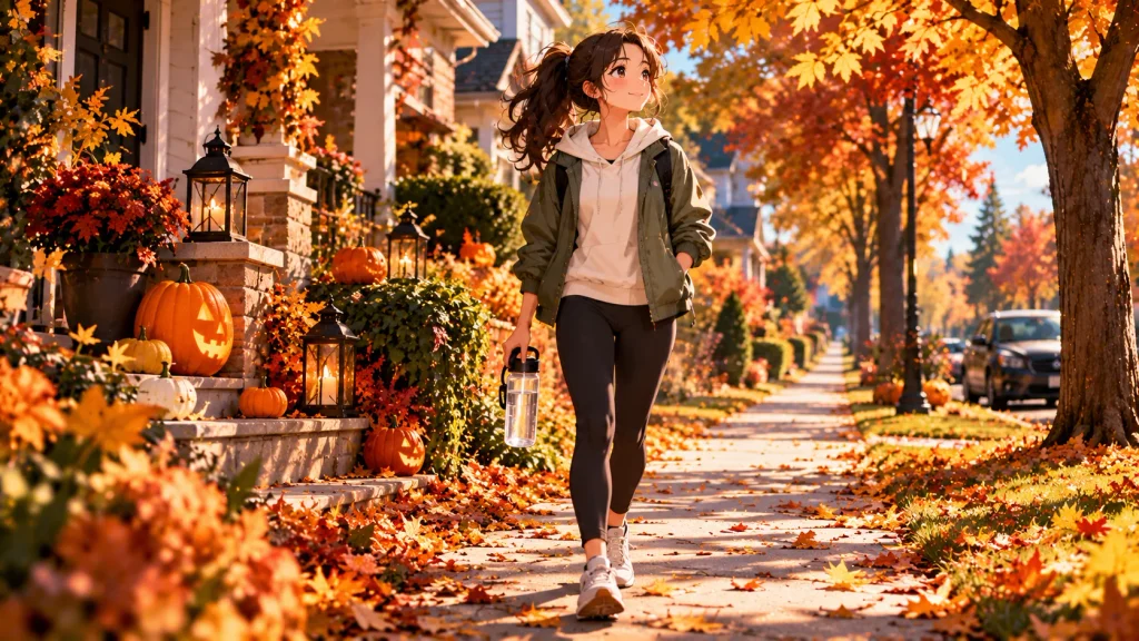 Anime-style person taking a gentle morning walk along an autumn neighborhood street after Halloween