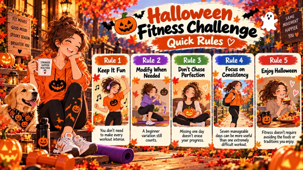 Anime-style fall wellness scene showing balanced fitness, relaxation and Halloween enjoyment.