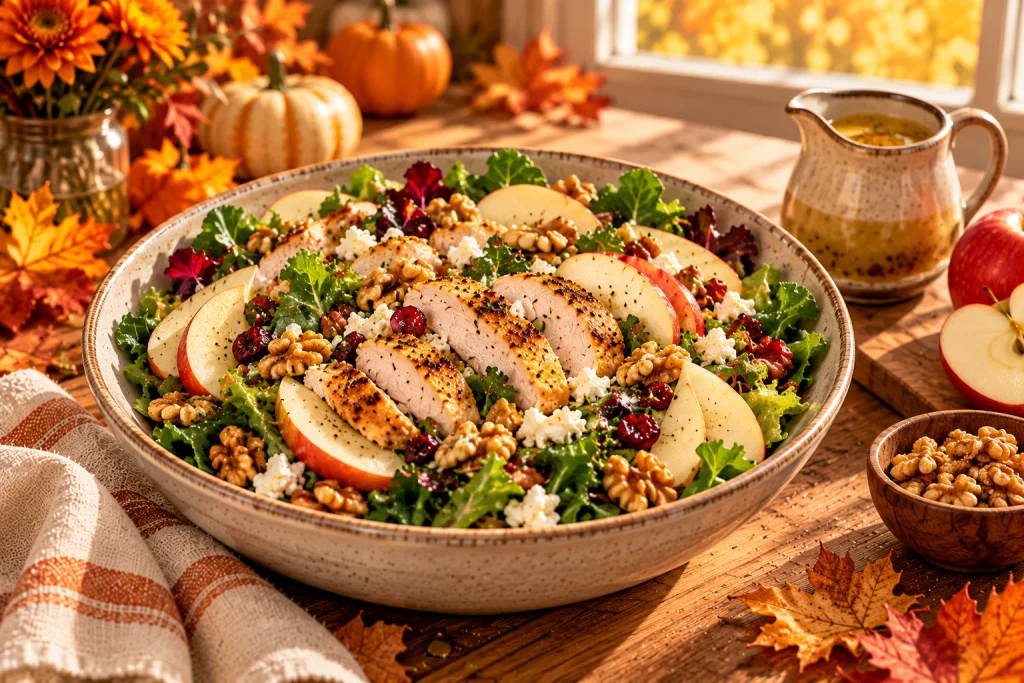 Fall chicken salad with sliced apples, walnuts, mixed greens, and crumbled feta cheese.