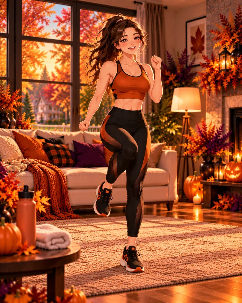 Woman gently marching in place during the final cardio interval of a Halloween dance workout.