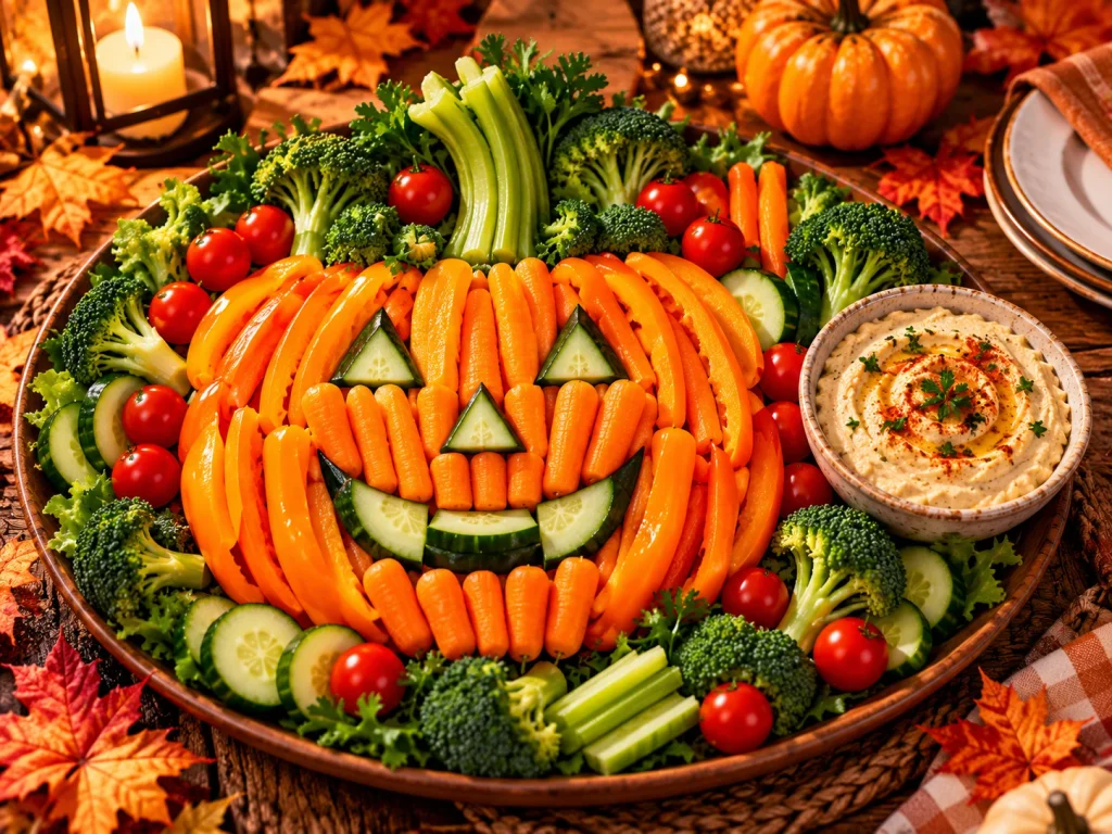 Jack-o’-lantern vegetable platter made with orange bell peppers, carrots, cucumber, broccoli, and hummus.