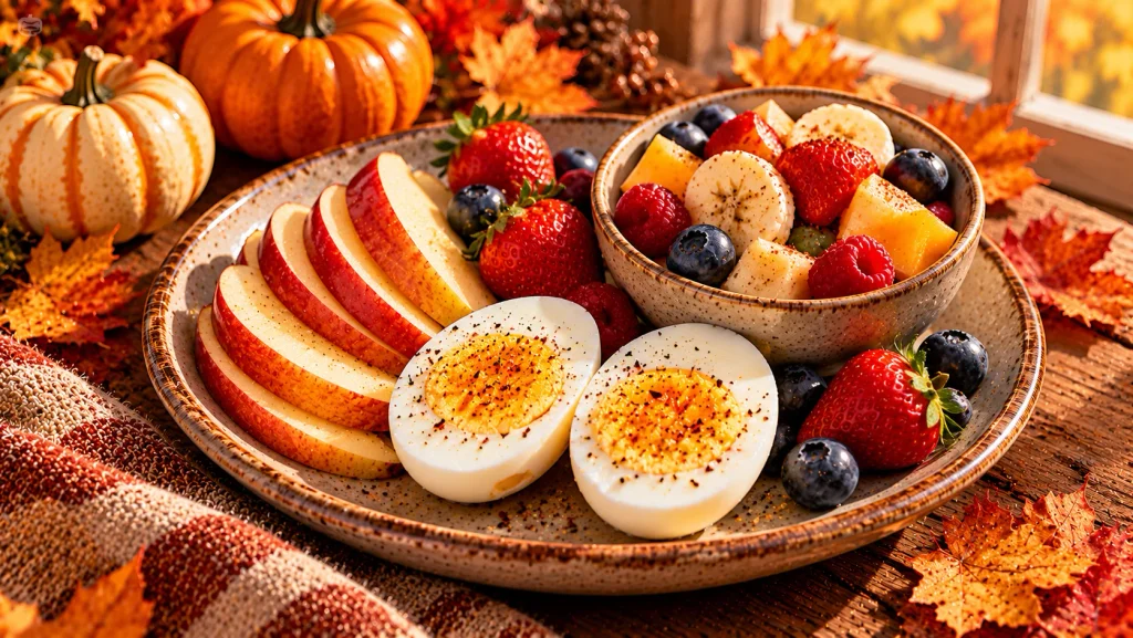 Hard-boiled eggs with fresh fruit for a healthy fall snack