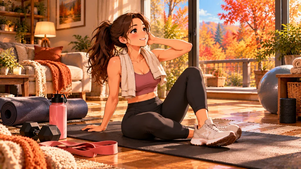 Beginner finishing a simple fall lower-body workout at home
