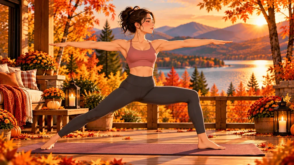 Woman holding Warrior II yoga pose outdoors with golden autumn foliage.