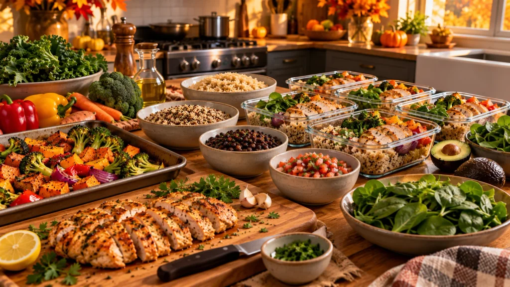 Healthy fall meal prep with chicken, roasted vegetables, grains and reusable food containers.