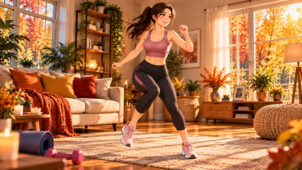 Anime-style beginner doing low-impact dance cardio with side steps and arm movements.