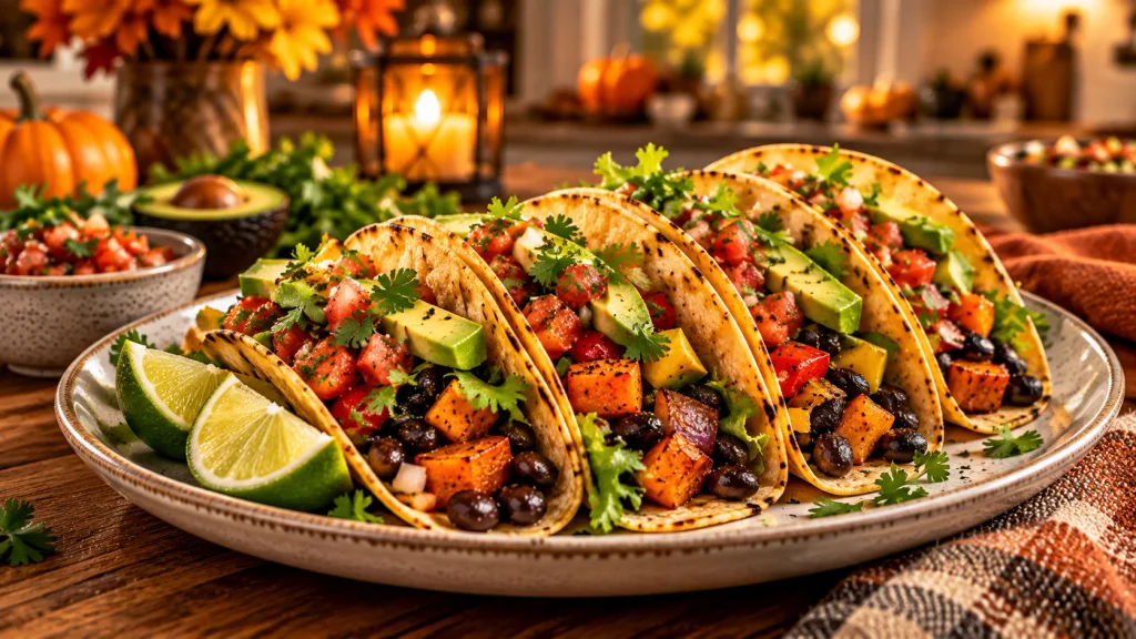 Healthy vegetable and black bean tacos with roasted vegetables, lettuce, tomato, avocado and salsa.