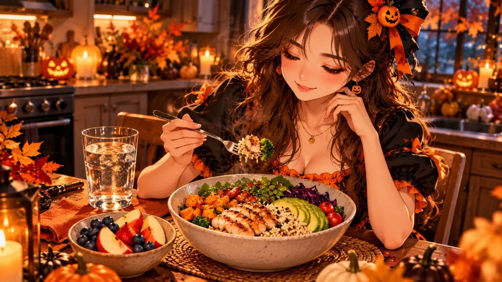 Anime-style balanced dinner bowl with protein, rice, vegetables, and fruit before a Halloween party.