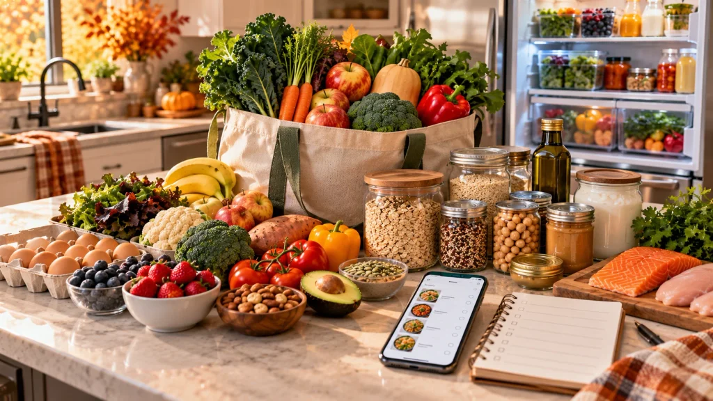 Organized healthy grocery shopping with fall produce, pantry staples, meal planning notes, and reusable grocery bags.