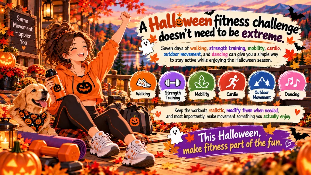 Anime-style person finishing a seven-day Halloween fitness challenge outdoors during a cozy American fall evening.