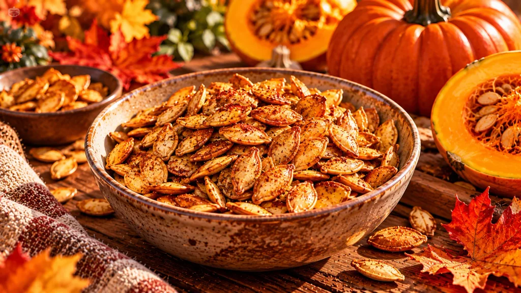 Roasted pumpkin seeds in a bowl for a healthy fall snack