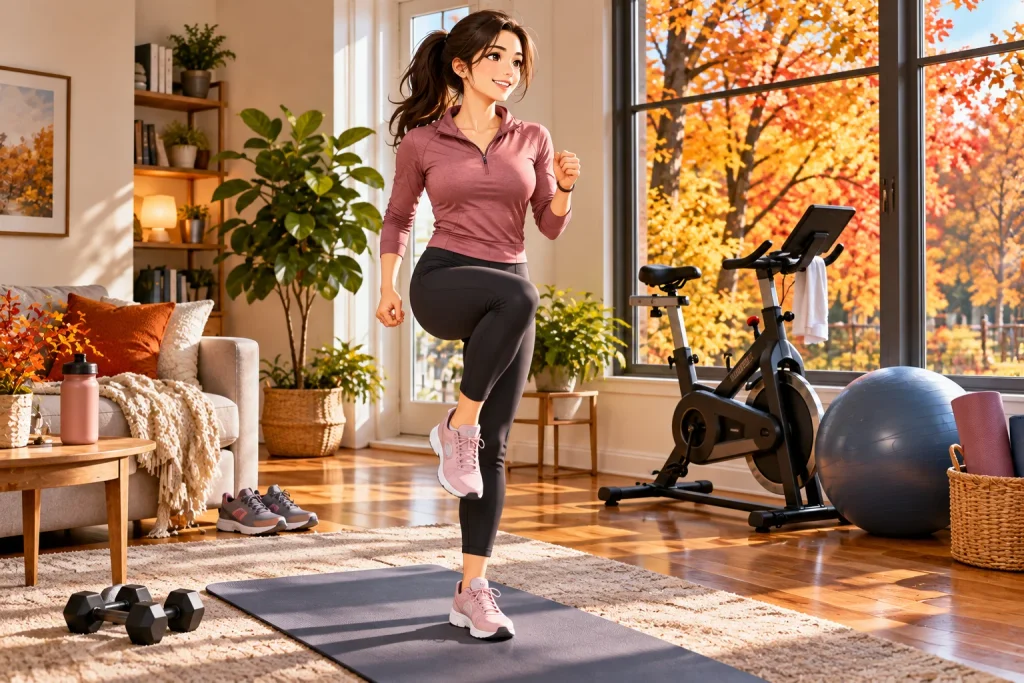 Beginner performing low-impact cardio exercise at home with one foot grounded.
