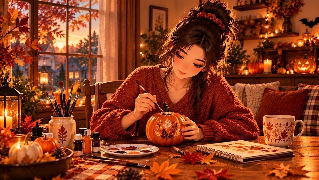 Anime-style woman painting a small pumpkin at home during a cozy October Halloween self-care activity.