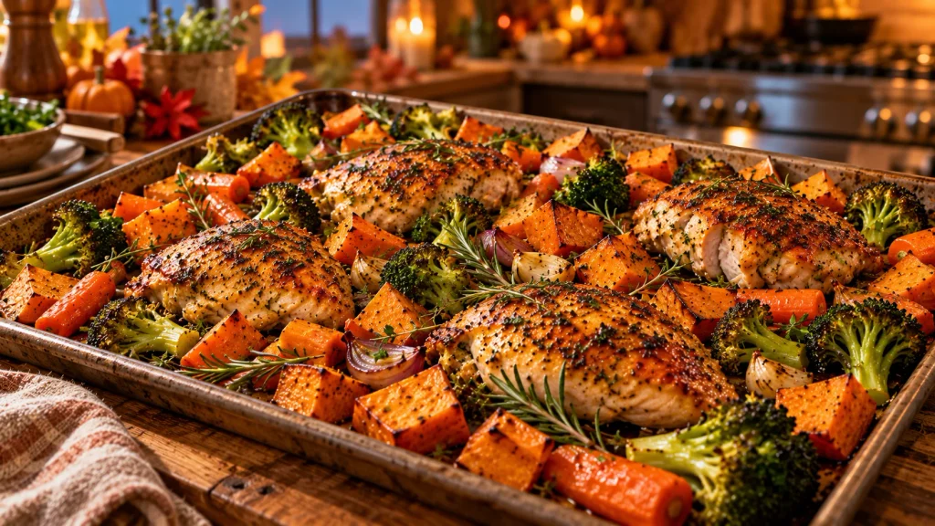 Sheet-pan chicken with roasted sweet potatoes, broccoli and carrots for a healthy fall dinner.