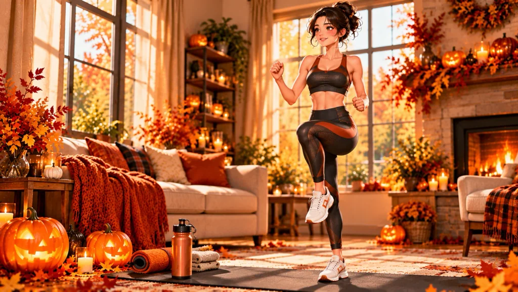 Anime-style woman marching in place during a gentle warm-up for a Halloween morning workout.