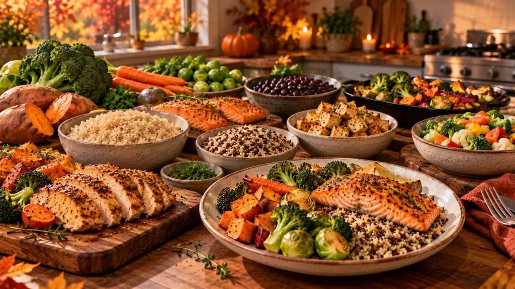 Healthy fall dinner ingredients including chicken, salmon, tofu, vegetables, sweet potatoes, rice, and quinoa.