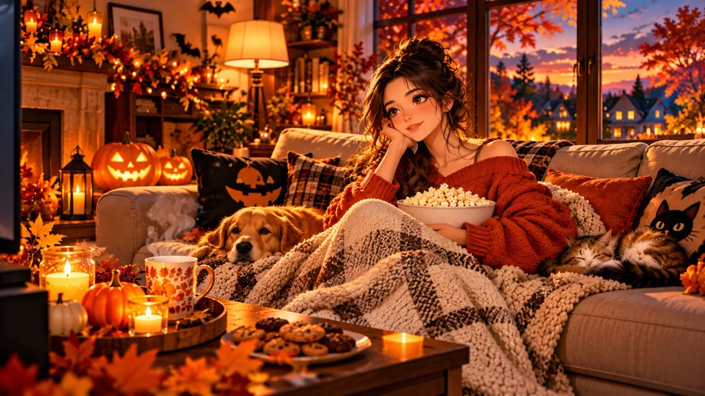 Anime-style woman enjoying a cozy Halloween movie night on a sofa with popcorn, a blanket, and glowing pumpkins.