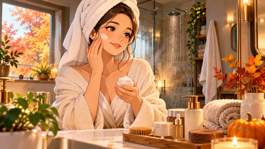 Simple at-home fall self-care routine with skincare and cozy bathroom setting