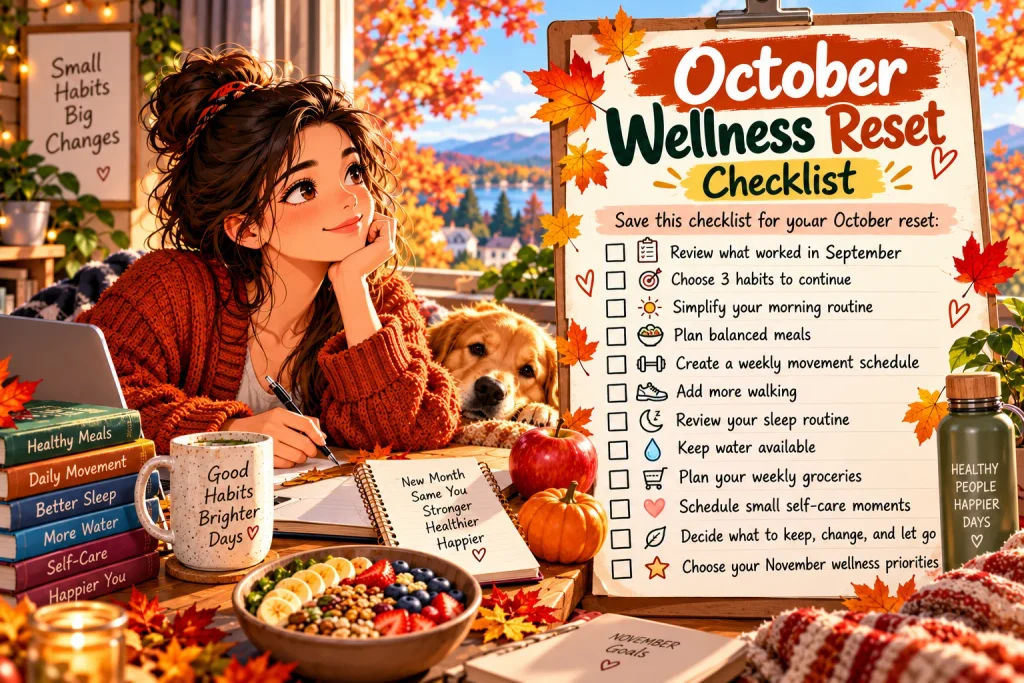 October wellness reset checklist with planner water bottle healthy food and walking shoes