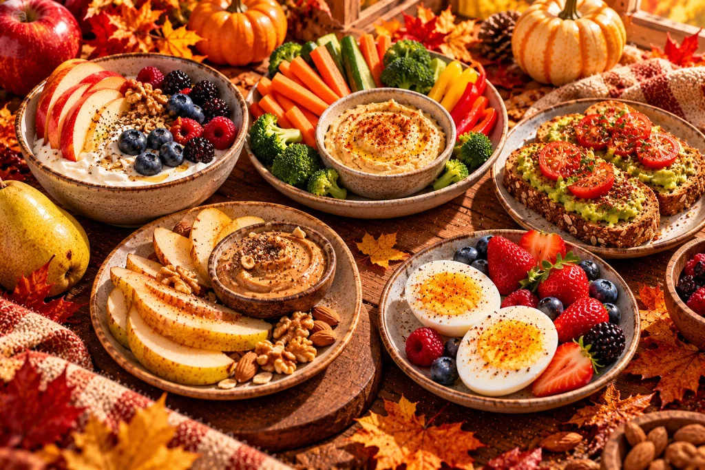 Balanced fall snack combinations with fruit protein vegetables and whole grains