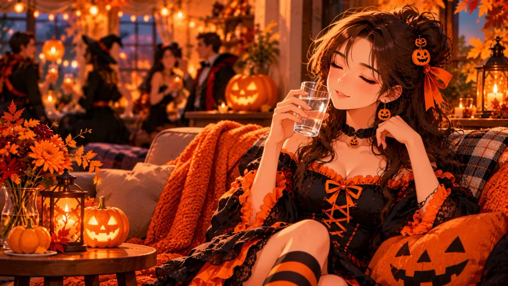 Anime-style guest relaxing on a sofa in a cozy Halloween-decorated home.