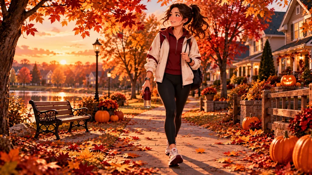 Anime-style adult enjoying a peaceful autumn walk in an American park during Halloween fitness week.