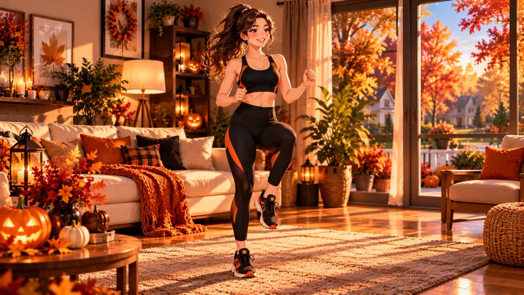 Woman gently marching and rolling her shoulders during a Halloween dance workout warm-up.