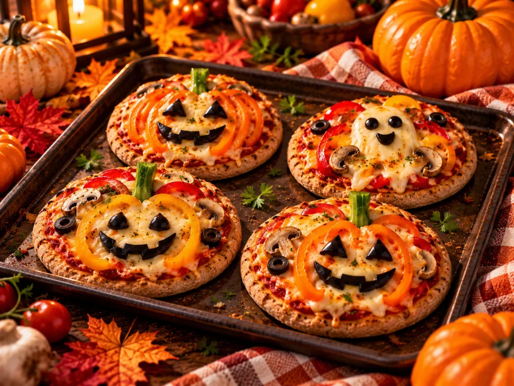Mini whole-grain Halloween pizzas topped with tomato sauce, cheese, bell peppers, mushrooms, and olives.