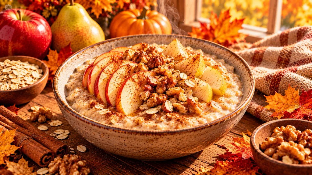 Oatmeal with cinnamon apple and nuts for a healthy fall snack