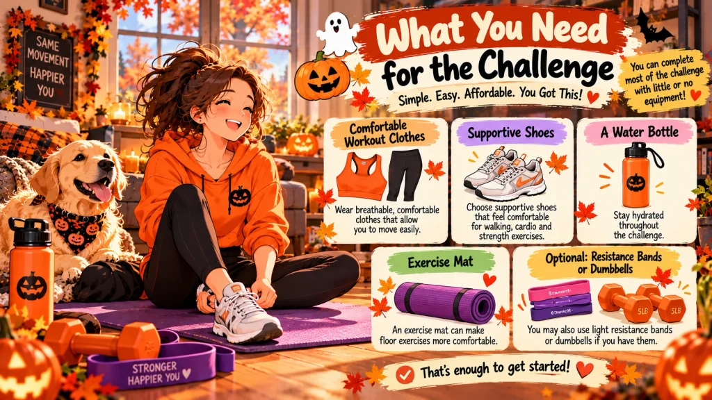 Anime-style workout essentials including sneakers, water bottle, mat, resistance bands and light dumbbells.