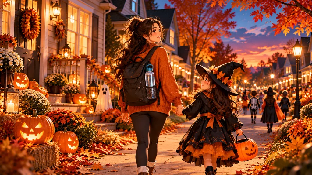 Anime-style family walking through a pumpkin-decorated American neighborhood on Halloween evening with a reusable water bottle.