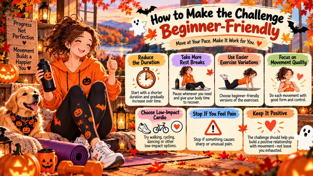 Anime-style beginner using a chair for support during a simple fall home workout.