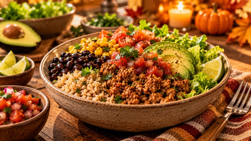 Healthy turkey taco bowl with brown rice, black beans, lettuce, tomatoes, corn and avocado.