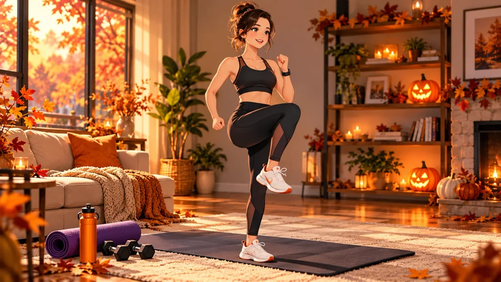 Woman performing a gentle marching warm-up in a cozy Halloween-themed home workout space.