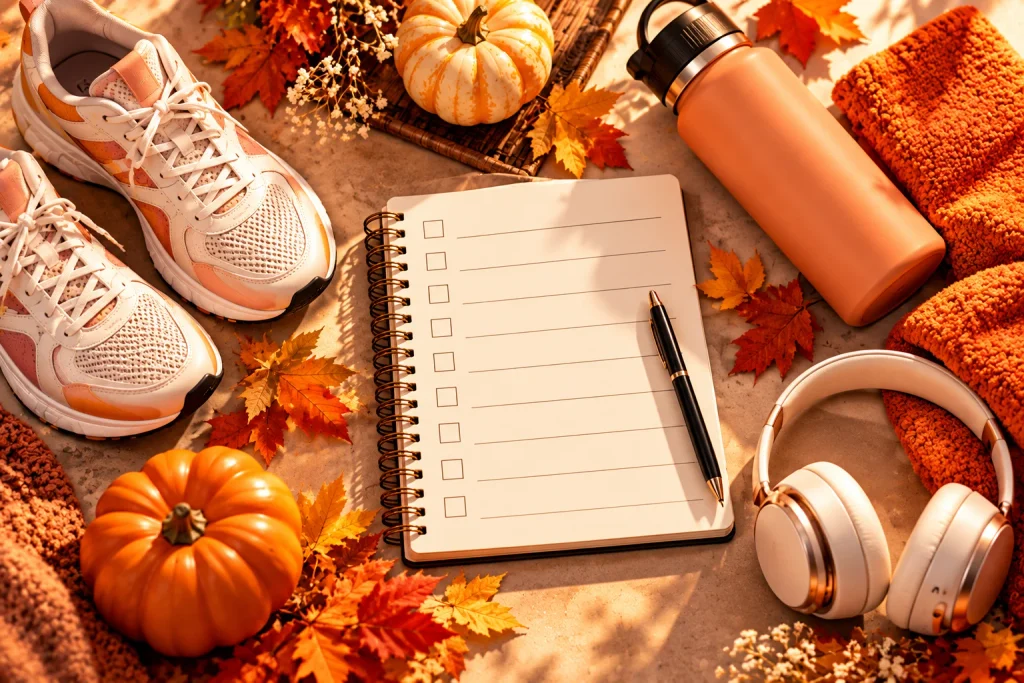 Halloween dance workout essentials including sneakers, water bottle, headphones, towel, and checklist notebook.