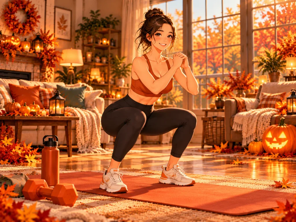 Woman performing a controlled bodyweight squat during a beginner-friendly Halloween exercise circuit at home.