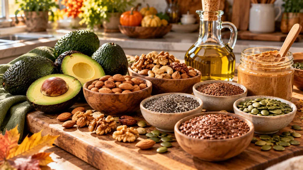 Healthy fats including avocado, nuts, seeds, nut butter, and olive oil for fall meal planning.