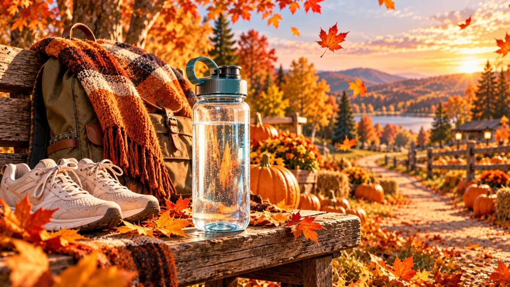 Clear reusable water bottle beside a backpack and pumpkins at an autumn outdoor destination.