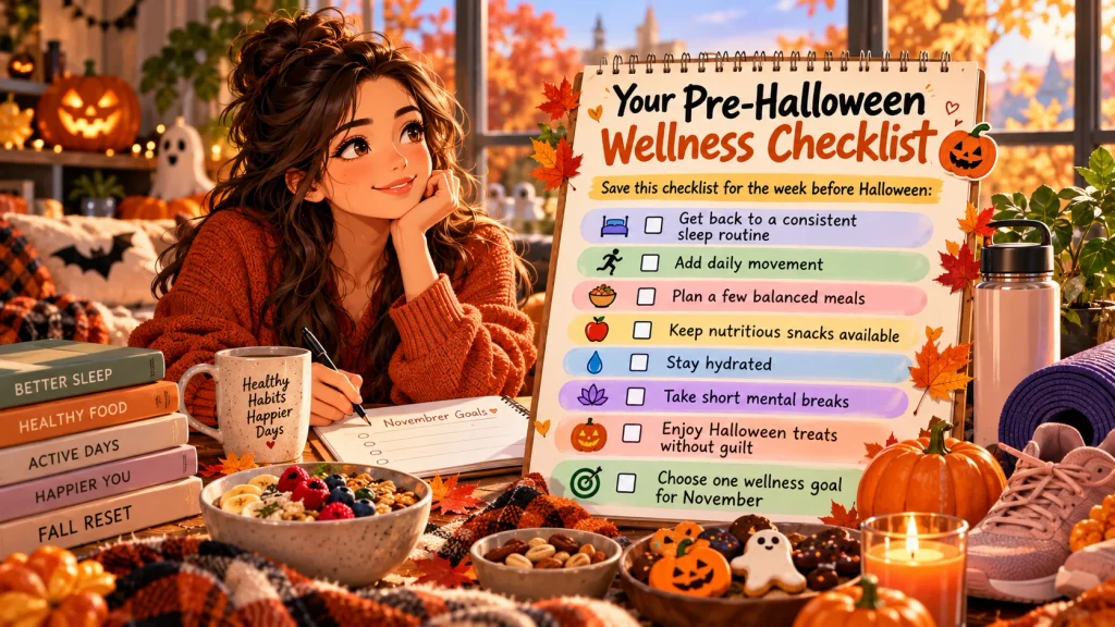 Pre-Halloween wellness checklist with healthy fall habits and cozy autumn decor