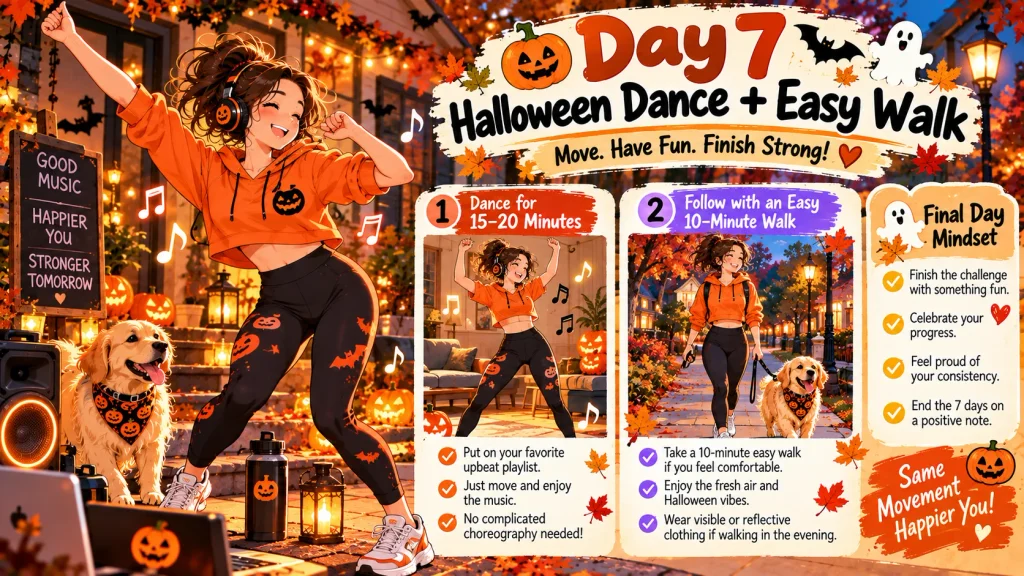 Anime-style person dancing at home during Halloween with pumpkins and cozy fall decorations.