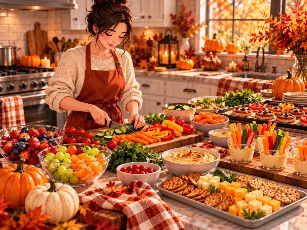 Halloween party food preparation with fresh vegetables, fruit, hummus, organized ingredient bowls, and serving dishes in a home kitchen.